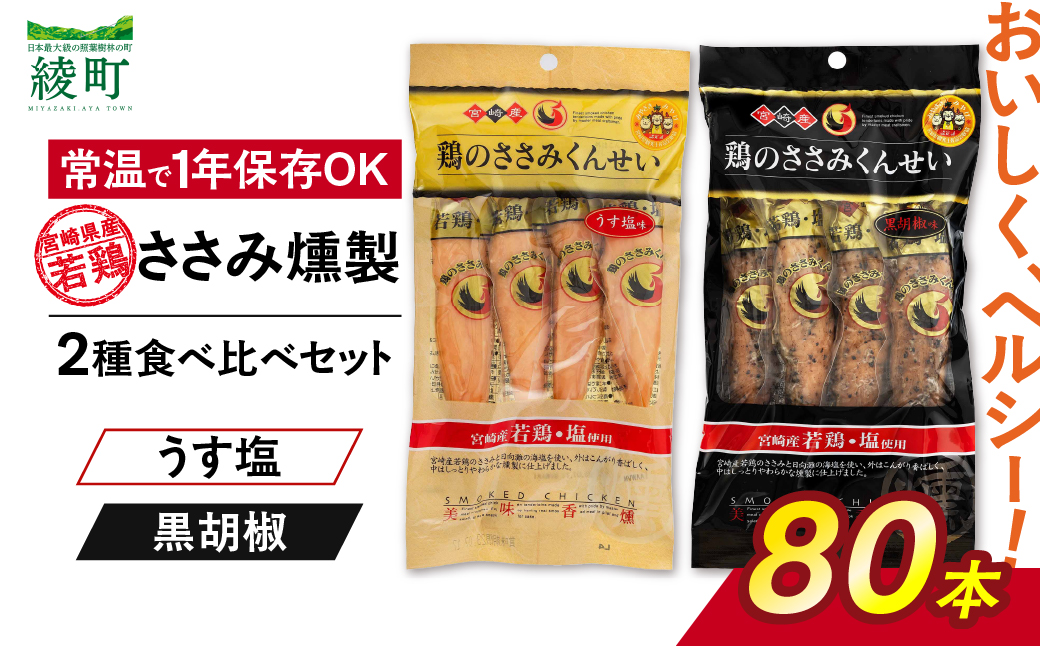 鶏のささみくんせい 2種食べ比べ 80本セット ＜うす塩・黒胡椒 ＞ おつまみ スモーク チキン 燻製【雲海物産】_A0114-127