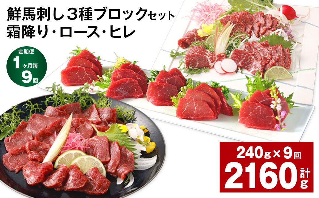 
【1ヶ月毎9回定期便】鮮馬刺し 3種ブロックセット（霜降り・ロース・ヒレ）
