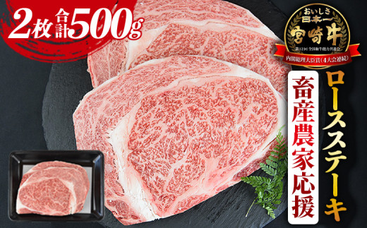 【畜産農家応援】＜宮崎牛 ロースステーキ 2枚 合計500g＞入金確認後、1か月程度で出荷【牛肉 黒毛和牛 ブランド牛 4等級以上 高級 国産 お取り寄せグルメ お祝い 特産品 ミヤチク 宮崎県 国富町 冷凍】