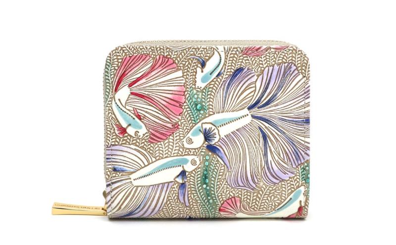 【文庫屋大関】二つ折りファスナーミニ財布 ラビリンスフィッシュ＜パープル＞【皮革工芸品】財布 二つ折り 小物 お札 カード 小銭 コンパクト 牛革 手作り 日本製 墨田区 東京都