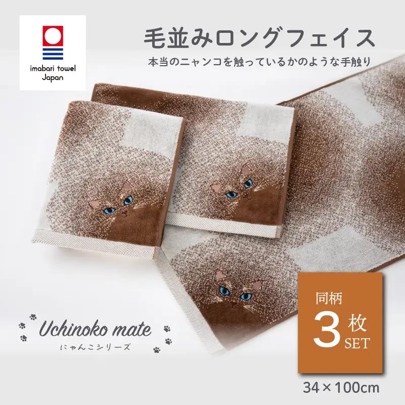（今治タオル）Uchinoko mate にゃんこシリーズ 毛並みロングフェイスタオル３枚セット（ポインテッド／シャム）