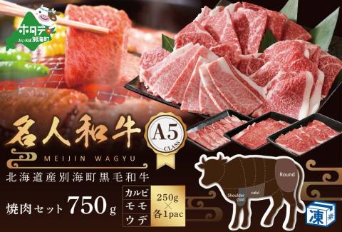 焼肉用 750g 黒毛和牛「 名人和牛」 A5クラス ( 250g×各1P ウデ、モモ、カルビセット） 北海道 焼肉 焼き肉セット 和牛 牛 赤身