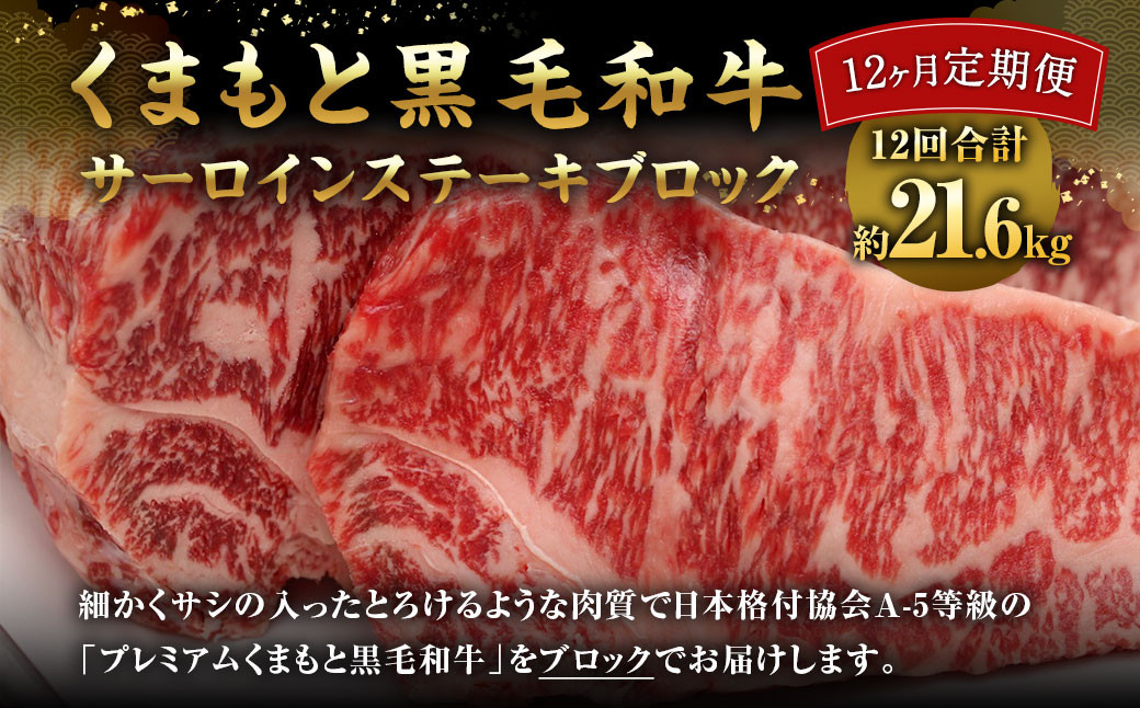 
            【12ヶ月定期便】 くまもと黒毛和牛 サーロインステーキ ブロック 約1.8kg×12回 【 合計約21.6kg 】
          