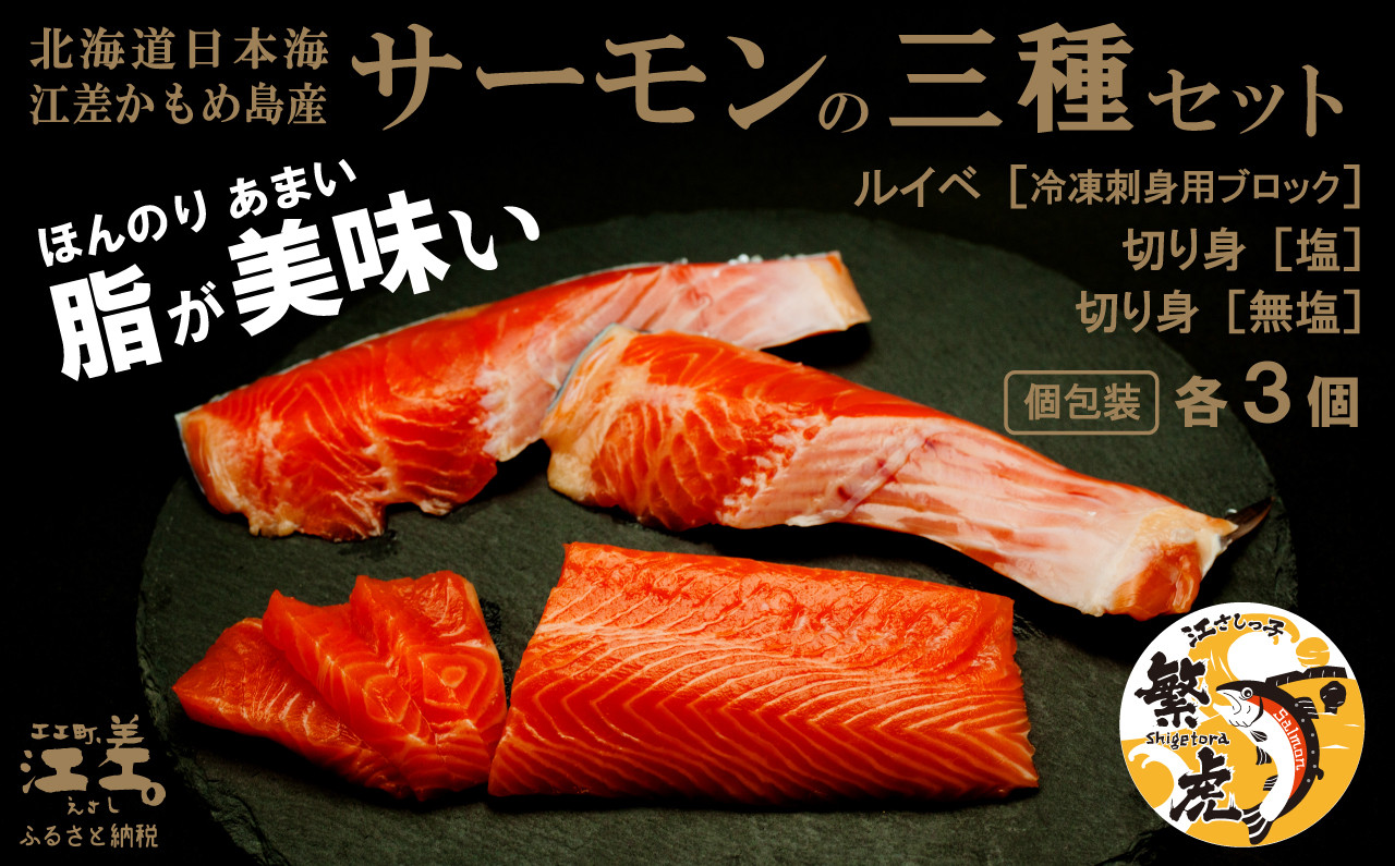 
                  北海道産 サーモンの三種セット ルイベ〈冷凍刺身〉お刺身用ブロック・切り身［塩］・切り身［無塩］ 各3個 計9個　日本海 かもめ島海面養殖　純国産 ブランドサーモン『江さしっ子 繁虎』　とろける脂　活締め　浜のかあさん手作り　冷凍　小分け　個包装　トラウトサーモン　刺身　サーモンステーキ　カルパッチョ　焼き魚　ムニエル　ソテー　フライ　海鮮　鮭　塩鮭　さけ　シャケ　しゃけ　さーもん　保存料不使用
                