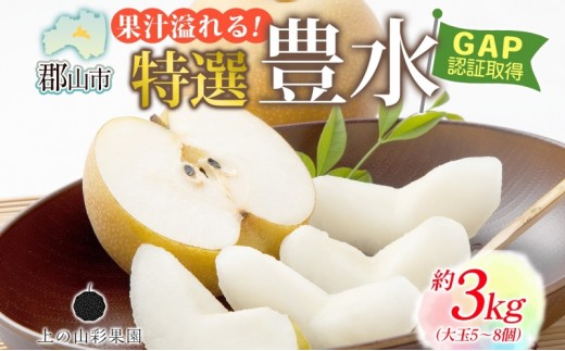 
                  特選 豊水 約3kg 大玉 5～8個 なし 梨 ナシ もぎたて 甘い 旬 果物 GAP 認証 産地直送 贈り物 贈答用 送料無料 上の山 彩果園 うえのやま さいかえん  福島県 郡山市
                