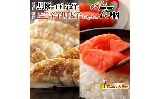 
                  【1週間以内に発送】博多ブランドセット 辛子明太子（無着色切子）450g（150g×3パック）と黒豚一口生餃子75個（25個×3パック）少人数様向け | 冷凍餃子 生餃子 焼き餃子 めんたいこ 明太 海鮮 冷凍 大容量 小分け 人気 国産 豚 おすすめ 冷凍食品 お惣菜
                