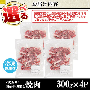 No.833-01 ＜訳あり＞国産牛切出し焼肉(計1.2kg・300g×4P)国産 九州産 牛肉 黒毛和牛 和牛 焼肉 焼き肉 希少部位  食べ比べ  キャンプ BBQ 訳あり 訳アリ 冷凍 小分け【