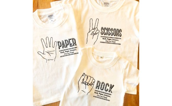 3人兄弟姉妹でおそろい/じゃんけん ROCK×PAPER×SCISSORS プリント/ Tシャツ3枚組ギフトセット【出産祝い・誕生日・ギフト・プレゼント】（80cm×90cm×120cm）