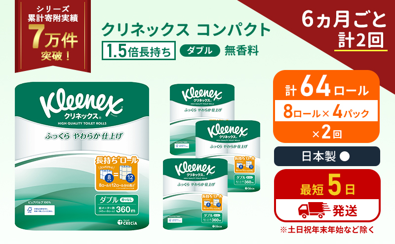定期便 トイレットペーパー ダブル 1.5 倍巻き 8ロール入×4パック クリネックス コンパクト 無香料《6ヶ月ごと計2回》 トイレット ペーパー 節約 日用品 日用雑貨 備蓄 備蓄品 備蓄用 防災 防災グッズ 倍巻 宮城 宮城県 岩沼市