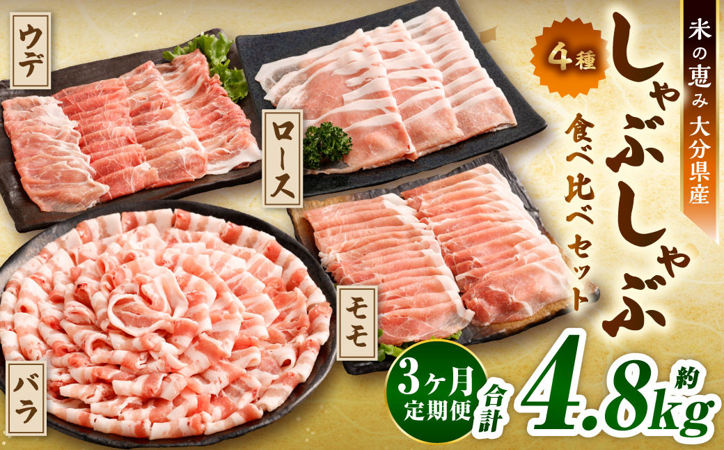 
            【3ヶ月定期便】 しゃぶしゃぶ 4種食べ比べセット 大分県産 豚肉 約1.6kg ×3回 合計4.8kg 【米の恵み】 ロース バラ モモ ウデ 肉
          