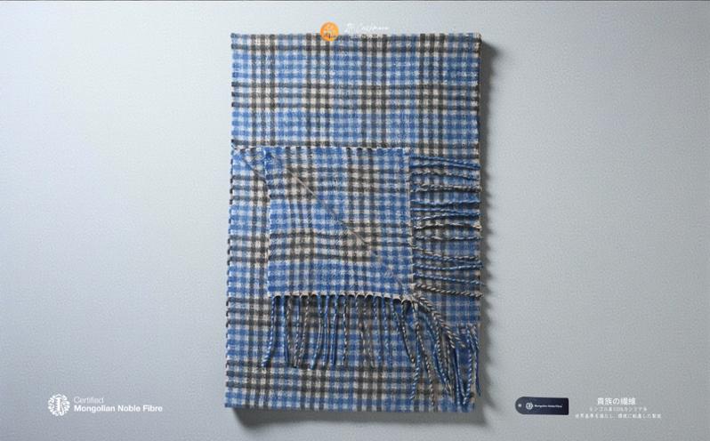 『Noble Fibre』100％カシミヤ・マフラー ブルー＆チェック フリンジ付き【高級 カシミア おしゃれ ファッション 防寒 かしみあ】 G3564