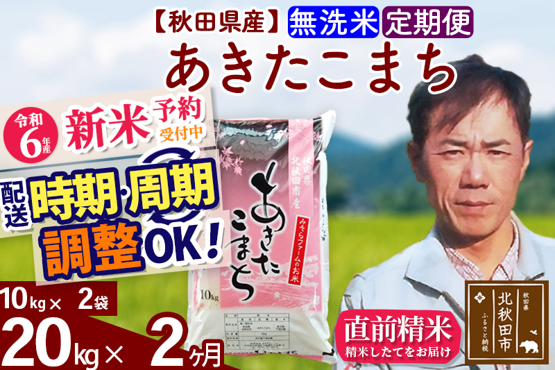 ※令和6年産 新米予約※《定期便2ヶ月》秋田県産 あきたこまち 20kg【無洗米】(10kg袋) 2024年産 お届け時期選べる お届け周期調整可能 隔月に調整OK お米 みそらファーム