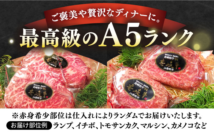【全2回定期便】極上 壱岐牛 A5ランク 希少部位 赤身ステーキ 200g×2枚（雌）部位おまかせ 《壱岐市》【KRAZY MEAT】 ステーキ 赤身 希少部位 牛肉 肉 焼肉 A5 [JER087]