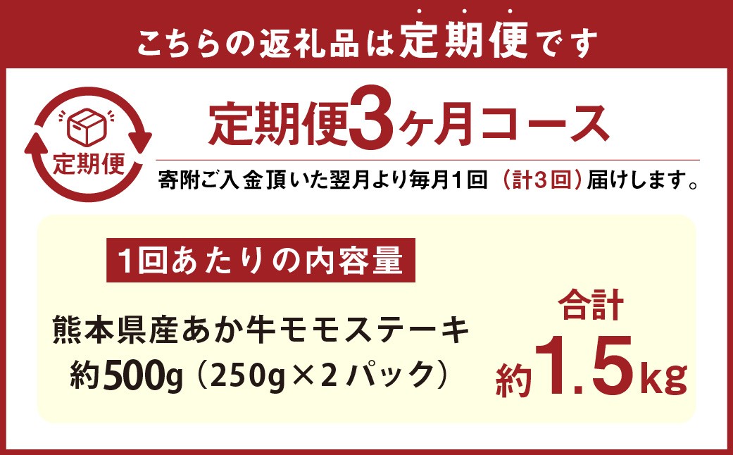 【3ヶ月定期便】 熊本県産 あか牛 モモ ステーキ 約500g （約250g×2パック）
