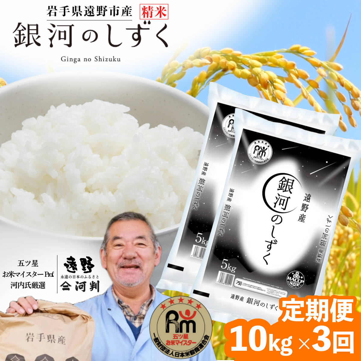 【毎月定期便】 令和7年産 五つ星お米マイスター厳選 遠野産 銀河のしずく 精米 10kg 全3回【 コメマルシェ 河判 】