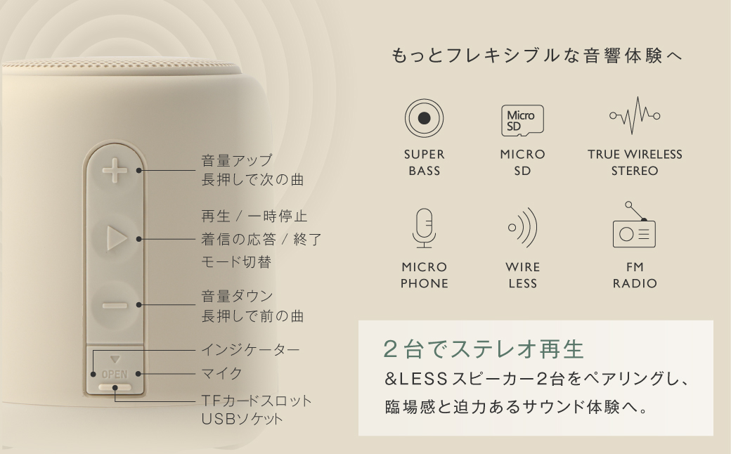 【＆Less】【＆Less】ワイヤレススピーカー グレー Bluetooth Ver.5.3 【日本製】 高音質 小型 軽量 アウトドア 1人 キャンプ BBQ おしゃれ インテリア ポータブルスピー