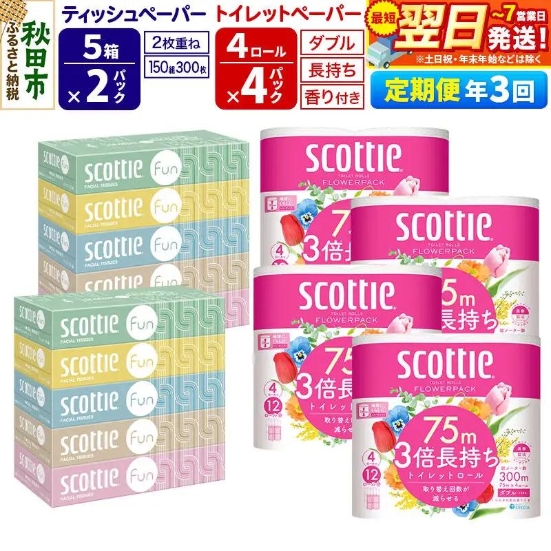 《4ヶ月ごとに3回お届け》スコッティ トイレットペーパー ダブル 3倍長持ち 香り付 4ロール×4パック＆ティッシュペーパー ファン 150組 5箱×2パック 秋田市オリジナル 最短翌日発送