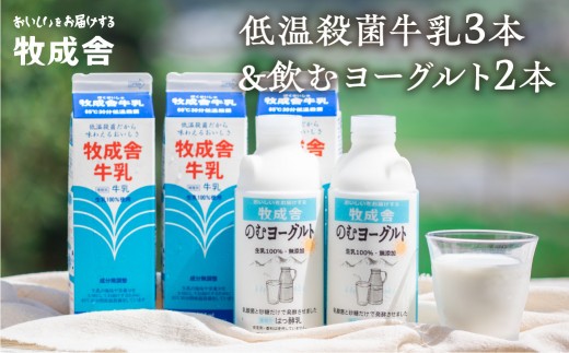 牧成舎 低温殺菌牛乳 3本 無添加 飲むヨーグルト 2本 飛騨産生乳100%使用 飛騨市 国産 牛乳