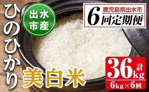 i543 ＜定期便・計6回(連続)＞鹿児島県出水市産ひのひかり美白米＜(3kg×2袋・計6kg)×全6回＞ 米 6kg 計36kg お米 白米 ヒノヒカリ 美白米 定期便 自家脱穀 自家精米 精米 おにぎり ごはん お米マイスター 厳選 【田上商店】
