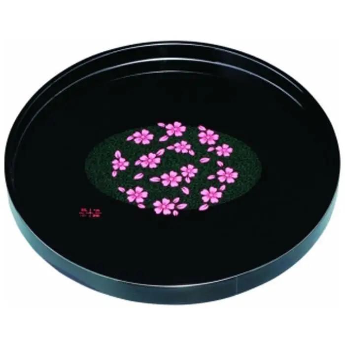 木製丸盆 30cm 黒 花咲小路【YG393】