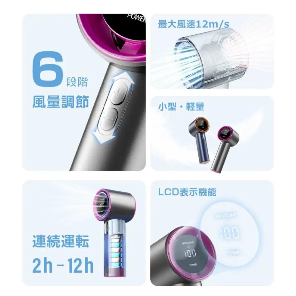 【ローズレッド】手持ちターボファン 手持ち扇風機 ポータブル扇風機 2025夏 4000mAh 大容量 六段階風量 type-c充電式 残電量表示 ストラップ付き 瞬間冷感 コードレス コンパクト 強