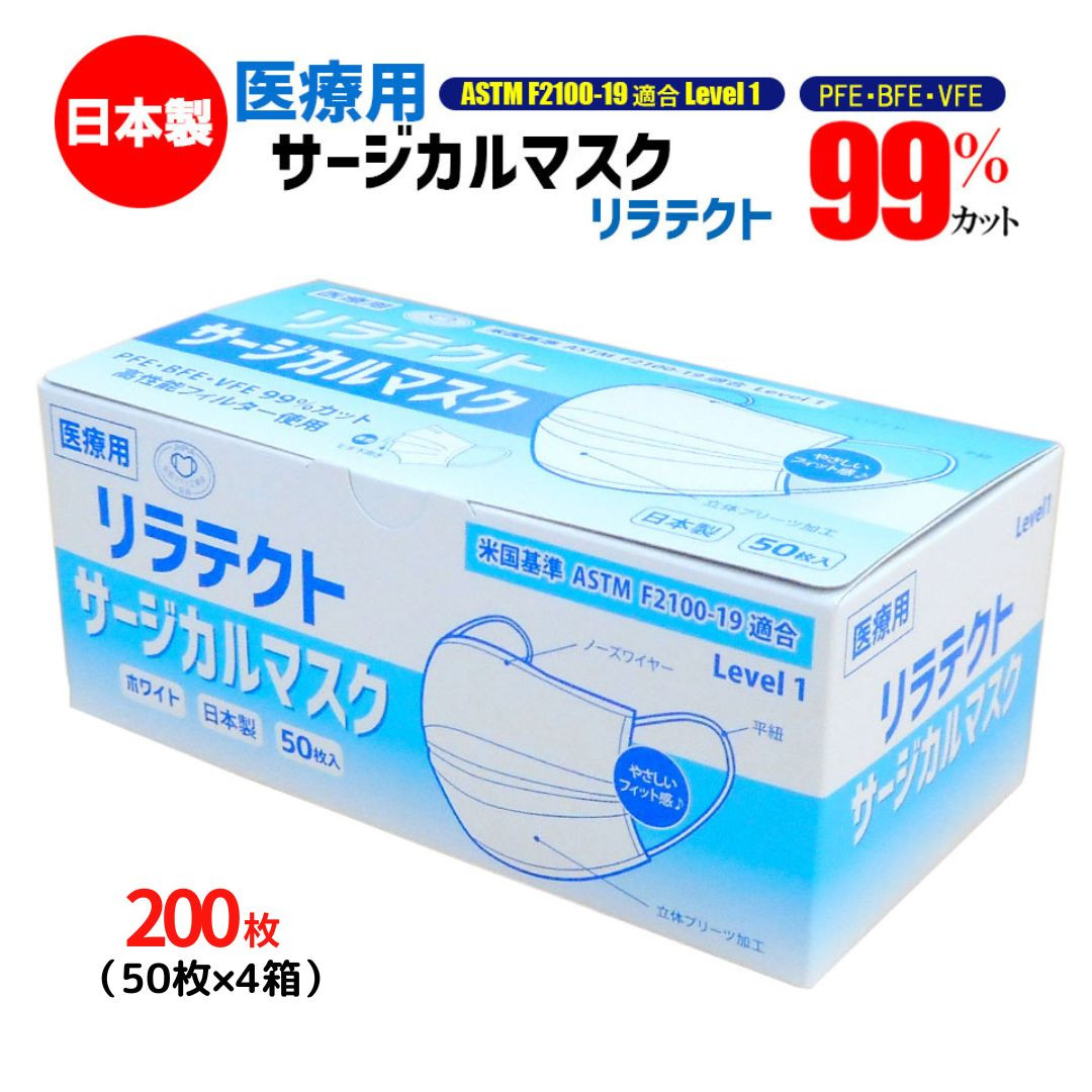 
マスク 日本製 医療用 サージカルマスク リラテクト 200枚【50枚×4箱】 人気 日用品 消耗品 国産 使い捨て 送料無料 返礼品 伊予市｜B253
