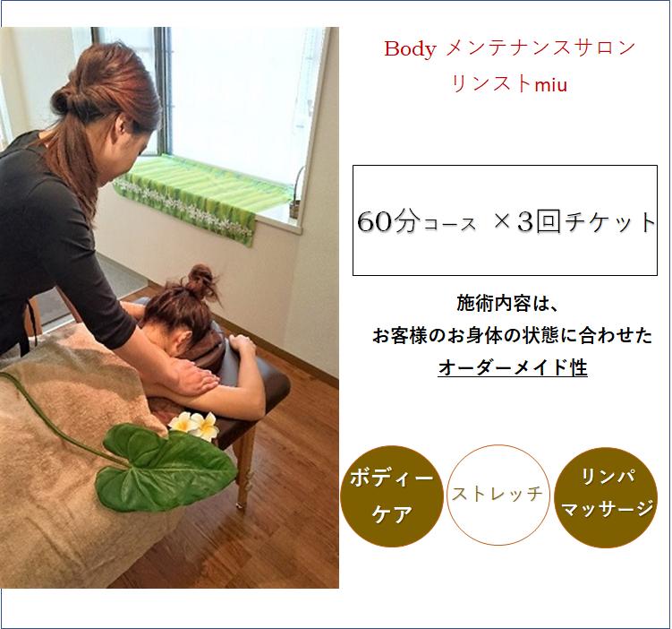 
女性限定 リンパトリートメント ストレッチ60分×3回チケット/ Body メンテナンスサロン リンスト miu / 利用券 ストレッチ ボディケア 骨盤調整 小顔 エステ チケット 千葉県 四街道市
