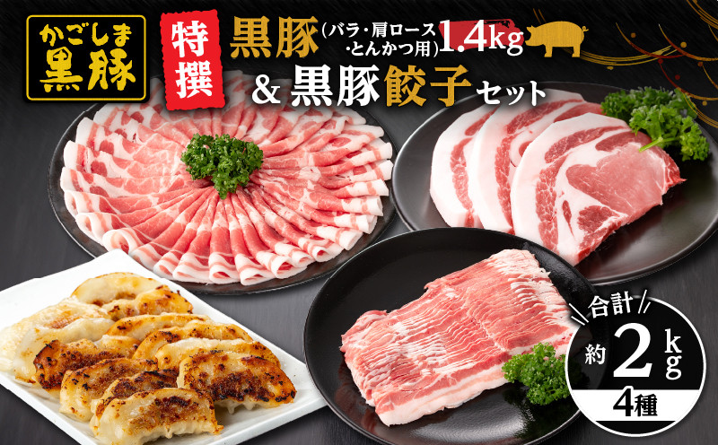 
            1451 特撰 鹿児島黒豚1.4kg（バラ・肩ロース・とんかつ用）＋黒豚餃子　KN038-019
          
