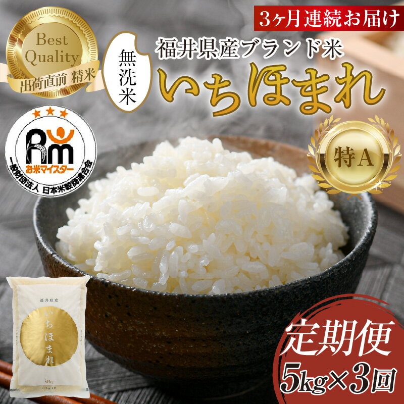 【ふるさと納税】【令和7年産・新米】定期便3回 いちほまれ 無洗米 5kg × 3回（15kg）《お米マイスター厳選！》／ 米 お米 定期便 福井県産 ブランド米 ご飯 白米 新鮮