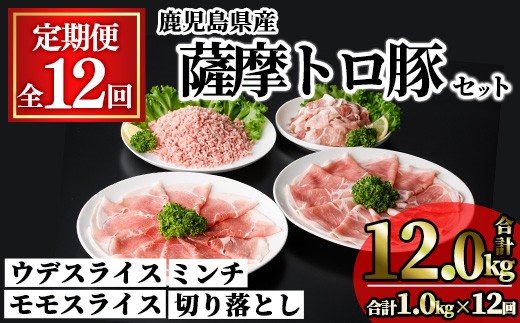 
                  ＜定期便・全12回＞鹿児島県産薩摩トロ豚モリモリおためしパック(合計12kg・1kg×12回) 小分け 冷凍 スライス ひき肉 ミンチ モモ ウデ 切り落とし【KNOT】T81
                