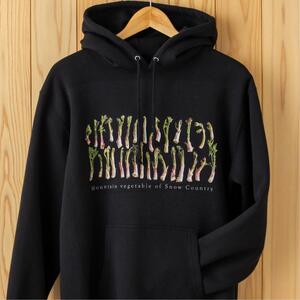 世界で唯一!着る山菜!!【うどパーカー・黒】裏起毛 トレーナー ファッション メンズ レディース 洋服 新潟  XLサイズ