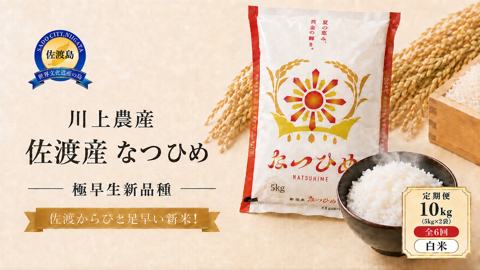 
                  【6か月定期便  なつひめ】令和8年産 佐渡産なつひめ 合計60kg（10kg(5kg×2袋)×全6回）精米 川上農産 | 新潟県産なつひめ 新潟産なつひめ 新潟なつひめ 佐渡島産なつひめ 佐渡産なつひめ お米 米 なつひめ ナツヒメ 白米 精米 おこめ コメ 10キロ 定期便 にいがた さど 新潟県 佐渡市
                