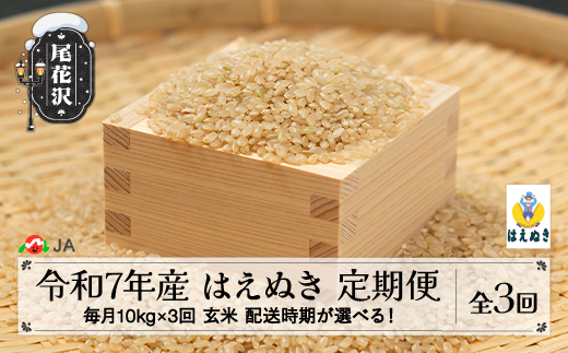 米 毎月定期便 10kg×3回  はえぬき 玄米 令和7年産 2025年産 山形県尾花沢市産 送料無料 3月下旬発送開始 ja-hagxa10_tm-3s