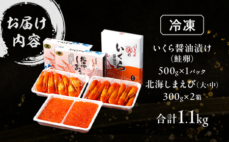 いくら醤油漬け(鮭卵)＆北海しまえび(大中サイズ)合計1.1kgセット　いくら 醤油漬け 鮭卵 北海しまえび 大 中 サイズ 合計1.1kg セット 食品 加工品 国産 魚介類 魚貝類 海の幸 海産物
