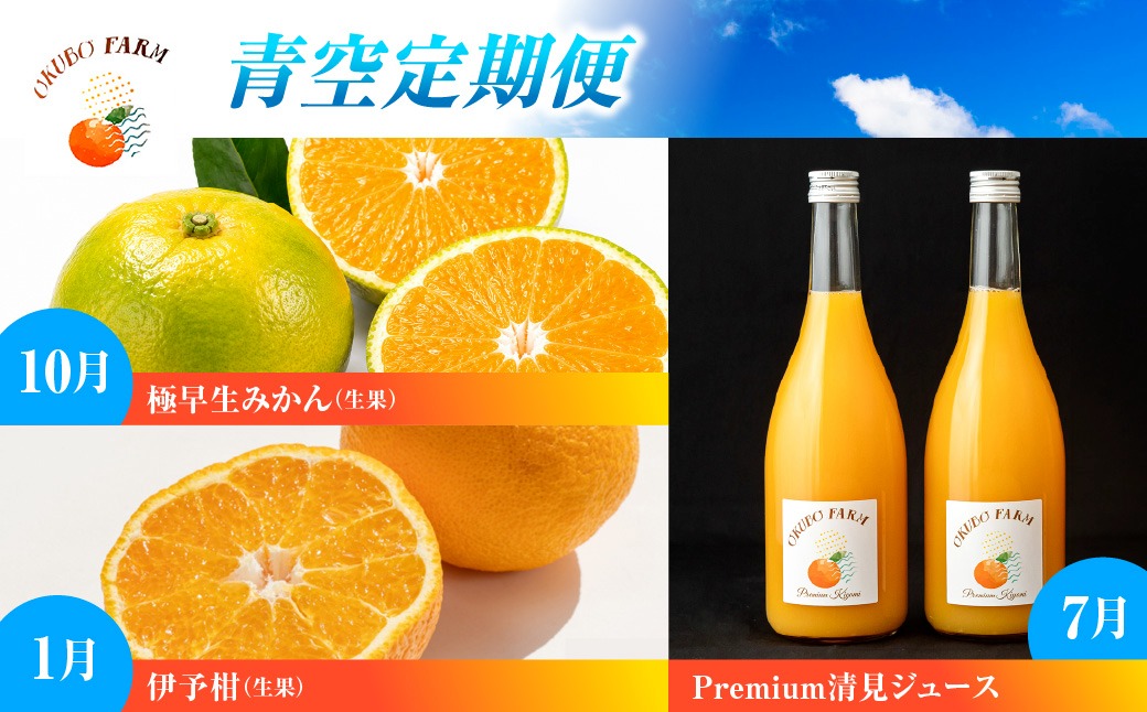 青空定期便　10月極早生みかん(生果)5kg　1月伊予柑(生果)3kg　7月Premium清見ジュース720ml×2本 IKTAT027