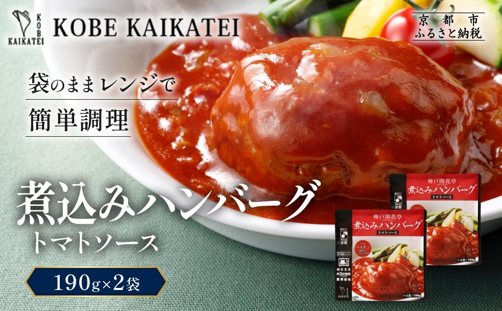 
                  一流シェフ仕込み 神戸開花亭 煮込みハンバーグ トマトソース 190g×2袋｜京都 有名店 ハンバーグ 人気セット［ 有名店 ハンバーグ トマトソース レトルト食品 簡単 時短 便利 長期保存 おすすめ 洋食 お取り寄せ 通販 送料無料 ふるさと納税 ］
                
