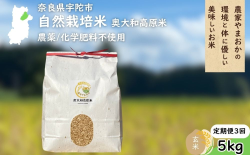 【定期便3回】自然栽培米 玄米 ＜令和7年産 5kg＞ ／ ふるさと納税 無農薬 米 お米 一等米 こめ コメ 国産 新米 玄米 農家やまおか 奈良県 宇陀市