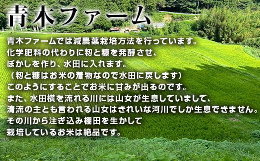 青木ファームでは減農薬栽培方法を行っています。
綺麗な川の水を注ぎ込み棚田を生かして栽培しているお米は絶品です。