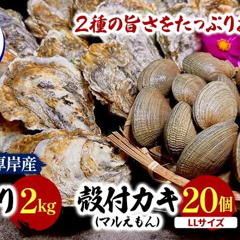 厚岸産あさり 2kg 殻牡蠣 LLサイズ 20個 マルえもん