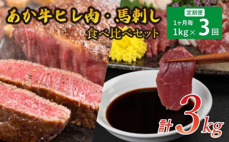 
【3ヶ月定期便】あか牛ヒレ肉800g(6枚前後)・馬刺し200g(赤身100g、霜降り50g、たてがみ50g)セット【合計3kg】
