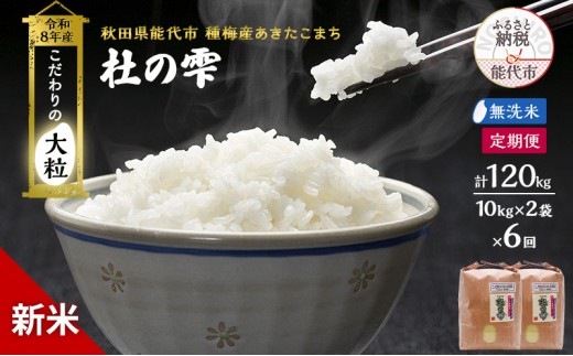 
                  新米 先行予約 令和8年産[無洗米]【定期便6ヶ月】秋田県産 あきたこまち 20kg(10kg×2)×6回 計120kg 「杜の雫」こだわりの大粒 種梅産【 お米 おこめ たねうめ 精米 ご飯 ごはん ブランド米 大粒 おにぎり 産地直送 能代 】
                