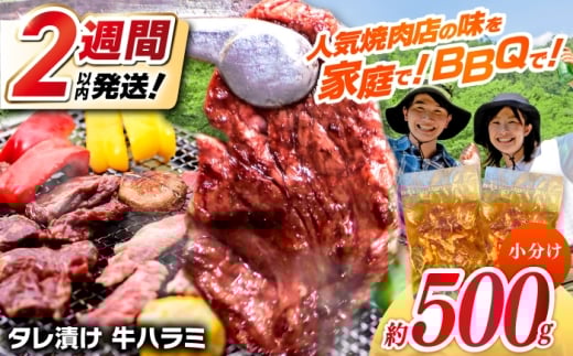 【新登場★】タレ漬け 牛ハラミ 約250g×2パック 計約500g / 小分け 個包装 大容量 味付け タレ たれ 高知県 お肉 牛肉 贅沢 焼き肉 焼肉 冷凍 キャンプ BBQ アウトドア 訳あり わけあり はらみ サガリ【焼肉寛十郎】[ATDO013]