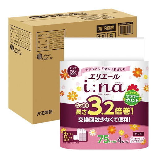 0018-10-03 エリエール i:na （イーナ） トイレットティシュー フラワープリント 3.2倍巻 ダブル 4ロール×8パック 32ロール 【ハーフケース】　75m 32ロール トイレットペーパー