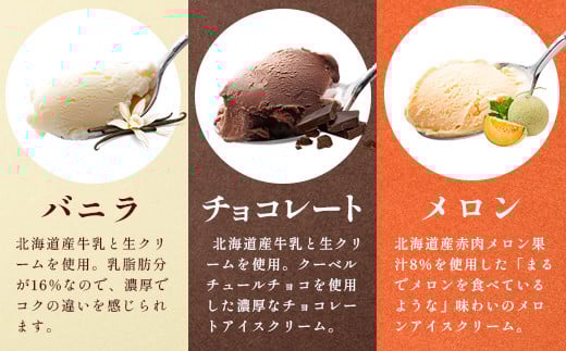 【定期便：3回】Secoma 北海道アイスクリーム3種食べ比べセット（バニラ・メロン・チョコレート）