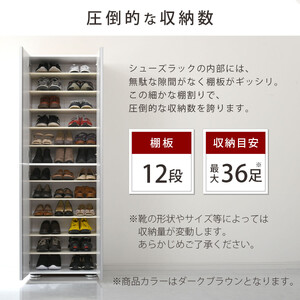 【完成品＋設置付き】シューズボックス ミラー付き幅60cm〔鏡が左側タイプ〕（ダークブラウン）シューズラック 扉付き スリム 12段 靴箱 大容量 木製 シューズボックス 縦長 靴収納棚 下駄箱 ブー