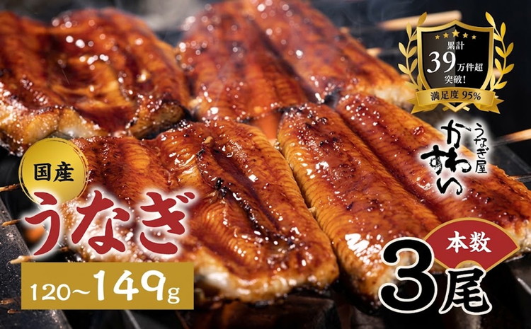 国産うなぎ蒲焼き 3尾（1尾 120～149g）〈うなぎ屋 かわすい〉 ｜ うなぎ 鰻 ウナギ 蒲焼 国産 秘伝のタレ 冷凍 簡単調理 土用の丑の日 人気 お取り寄せ ギフト 贈答用 (A994-1)