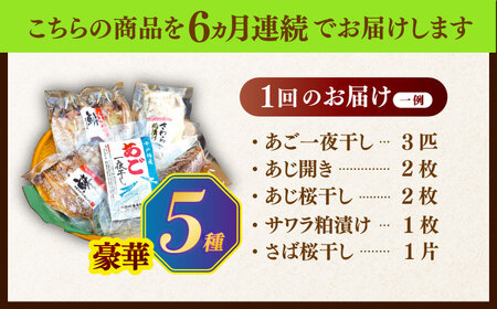 【6回定期便】晩酌のお供にお試しひものセット【有限会社　篠崎海産物店】[KAD127]/ 長崎 平戸 魚介類 魚 干物 一夜干し 開き あご干物 あじ干物 さわら干物 さば干物 定期便 平戸産干物 長