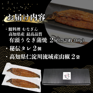 うなぎ蒲焼 約170g×2尾 高知県産 最高品質 合計約340g たれ 山椒 国産 鰻 かば焼 土佐焼 うな丼 うな重