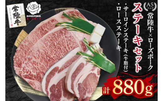 
                  【常陸牛 A5ランク・ローズポークステーキセット】常陸牛サーロインステーキ600g（300g×２枚）＋ローズポークロースステーキ280g（140g×２枚）冷凍 和牛 牛肉 豚肉 ブランド豚 食べ比べ お取り寄せ 肉の加治 茨城県 水戸市（EK-45）
                