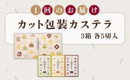 【全12回定期便】カット包装カステラ3箱入(各5切入) プレーン 抹茶 宇治茶 星野茶 チョコ 五島市/文明堂総本店 [PEO016]